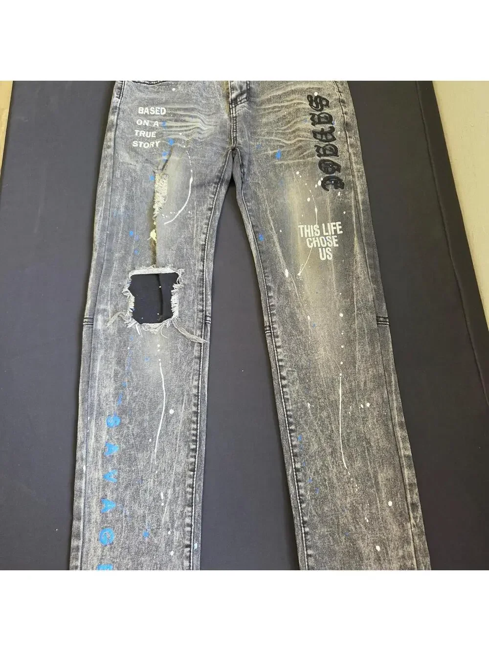 Rock Salt Unisex Kids' Jeans Size 16 Gray and Black Distressed Paint Splatter